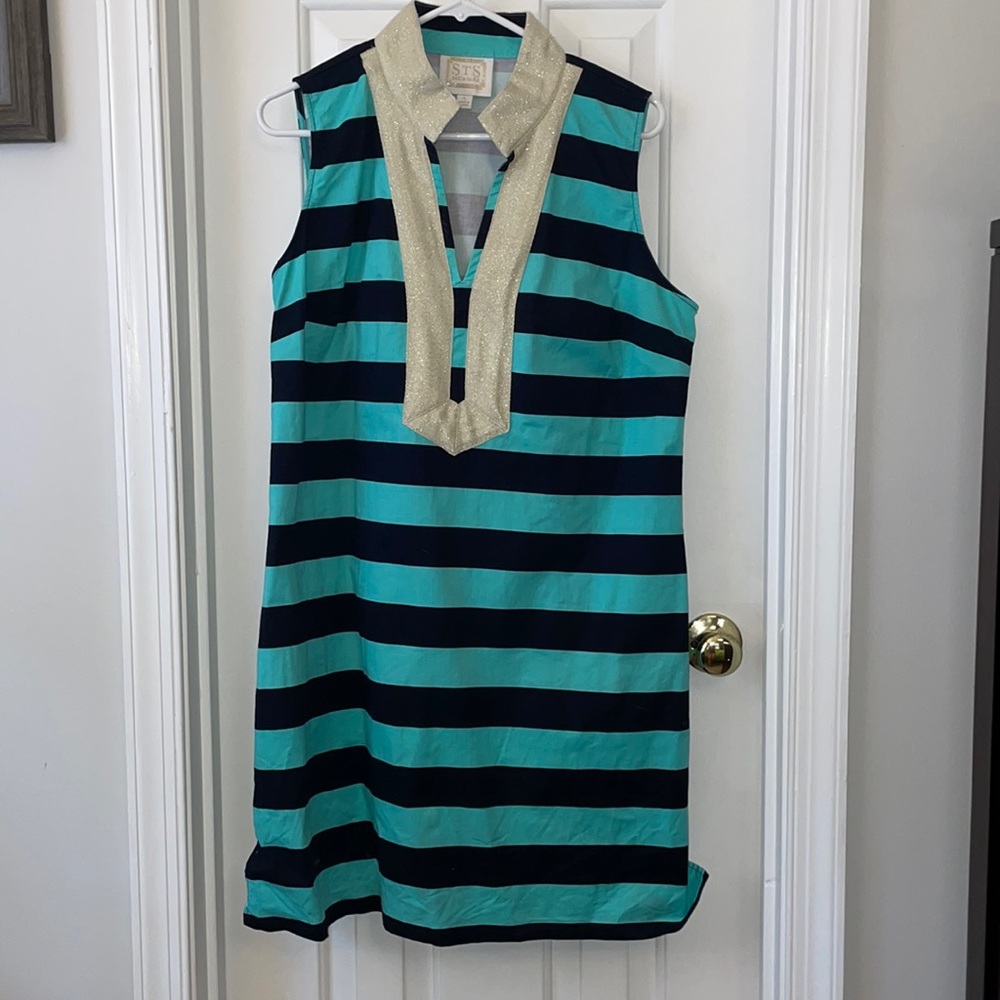 GUC Sail to Sable striped sheath dress teal/navy with gold banding XL